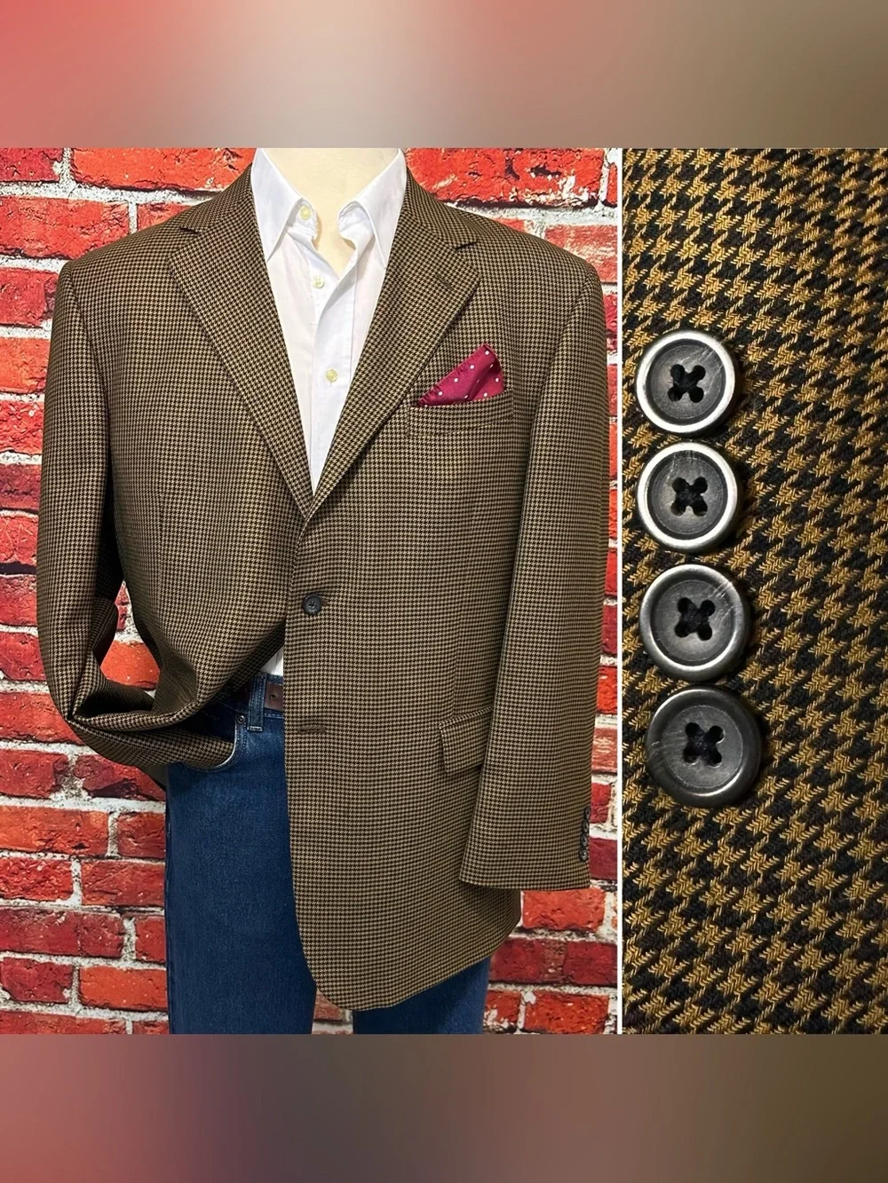 OSCAR DE LA RENTA MENS BLAZER SZ 48 BROWN HOUNDSTOOTH CHECK SPORT COAT JACKET